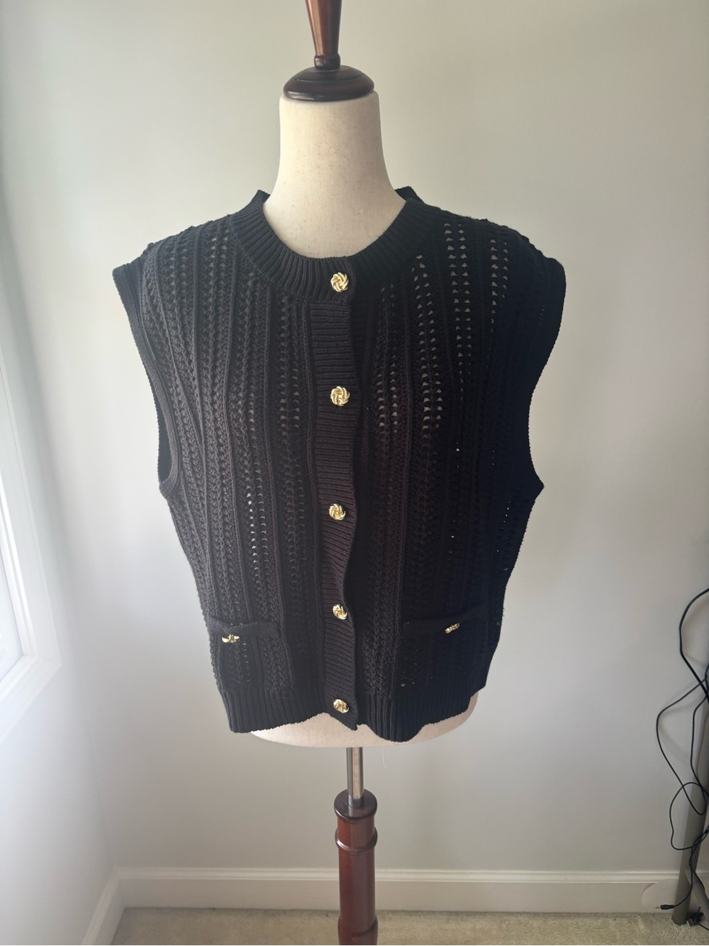 By Anthropologie Gold-Button Black Sleeveless Knit Cardigan Vest